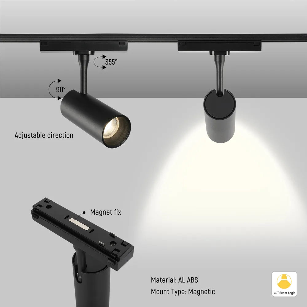 Close shot of the Magnetic Cylinder Focus LED Track Light Black 4000K-169-03100