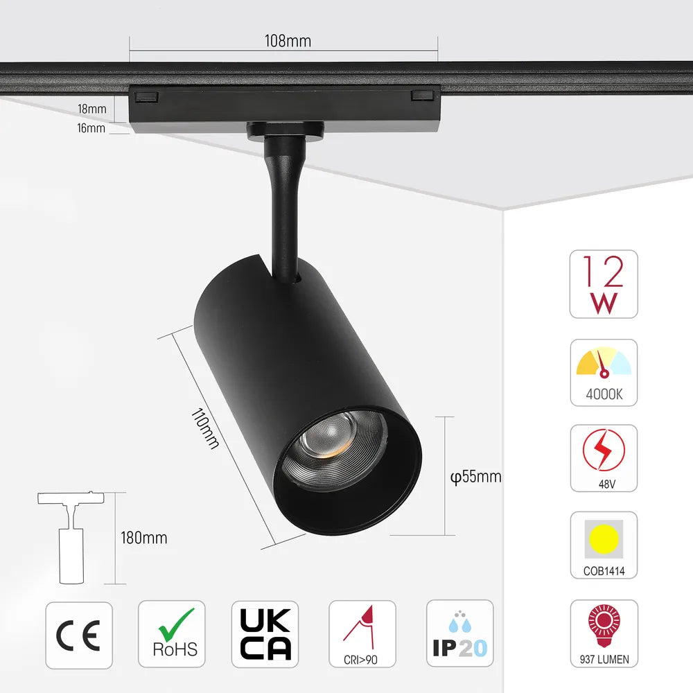 Size and technical specs of the Magnetic Cylinder Focus LED Track Light Black 4000K-169-03101