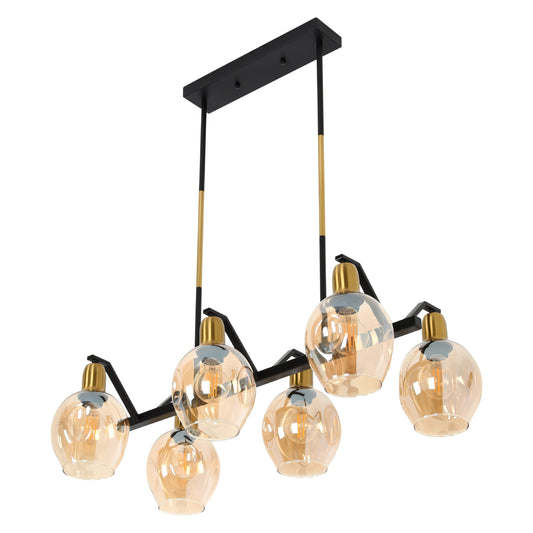 Main image of Amber Cone Glass Black Gold Metal Body Island Chandelier Ceiling Light with 6xE27 Fitting | TEKLED 159-17396