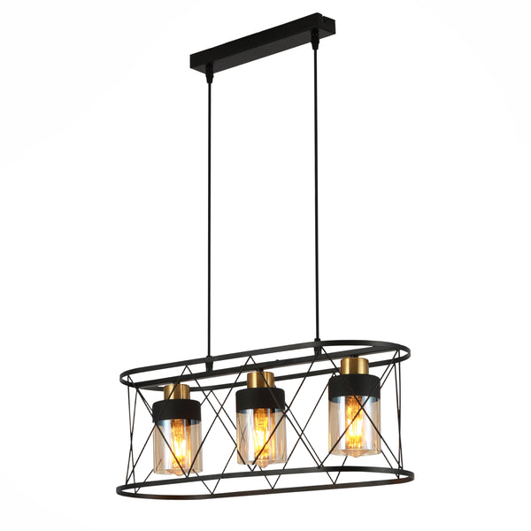 Main image of Black Cage Metal Amber Cylinder Glass Island Chandelier with 3xE27 Fittings | TEKLED 159-17498