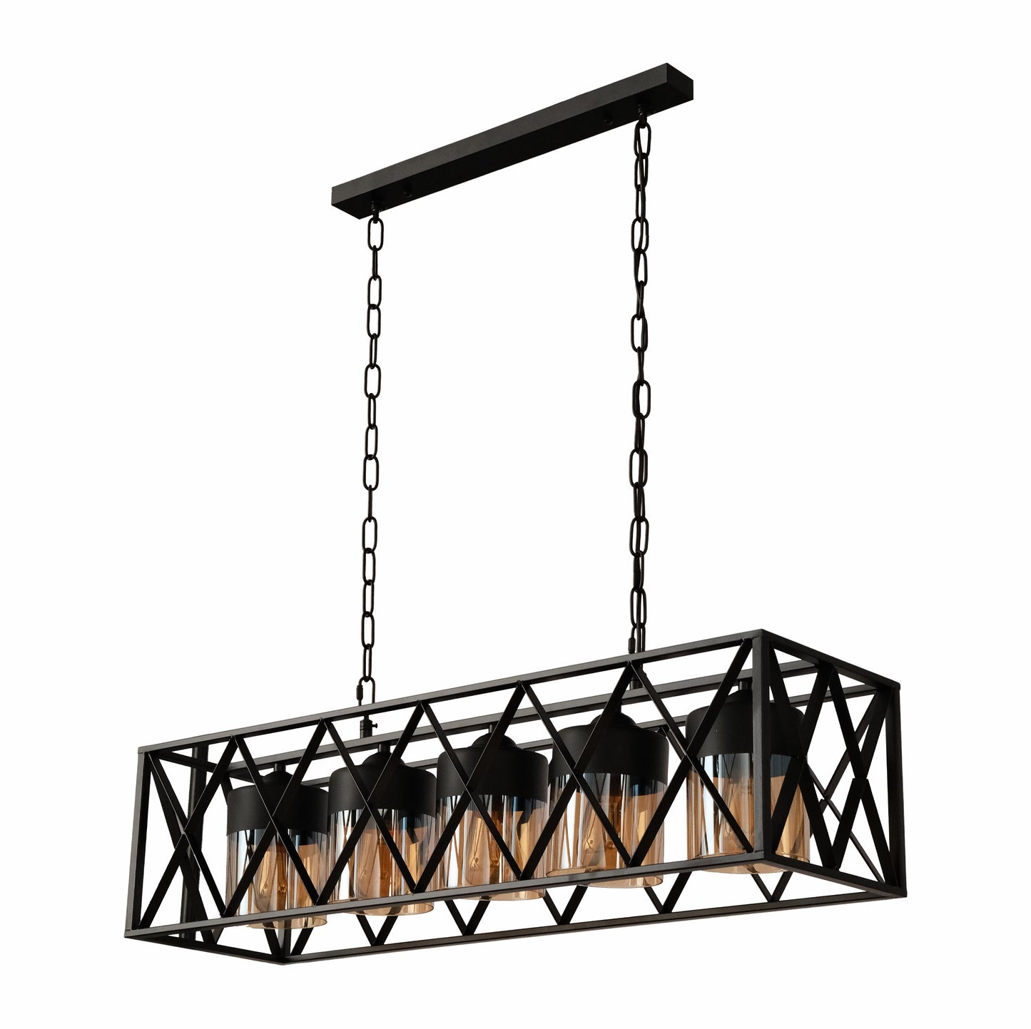 Main image of Black Caged Metal Amber Cylinder Glass Island Chandelier with 5xE27 Fitting | TEKLED 158-19580