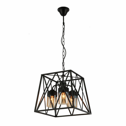 Main image of Black Metal Body Amber Cylinder Glass Cage Cuboid Chandelier with 3xE27 Fittings | TEKLED 159-17414