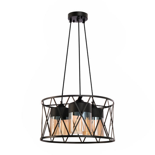 Black caged metal amber cylinder glass chandelier with 3xe27 main