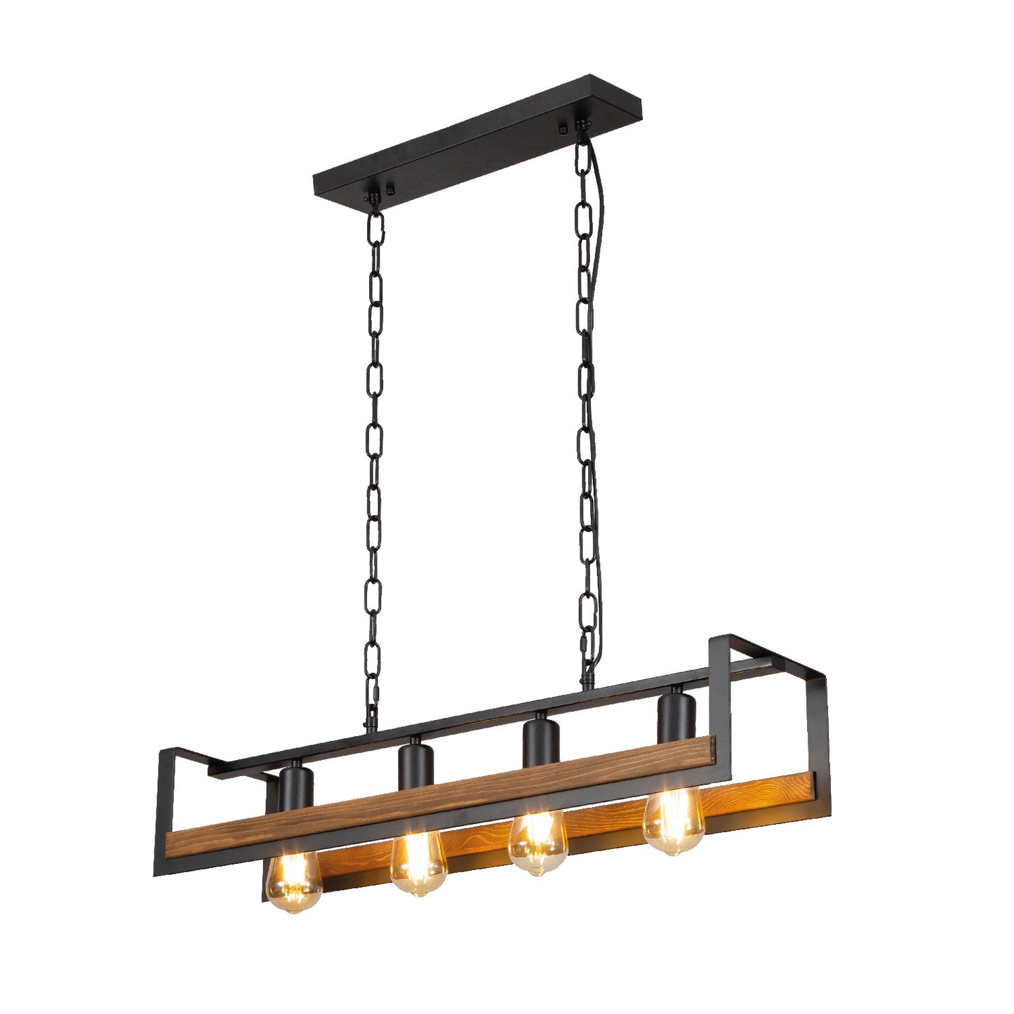 Black metal wood cuboid island chandelier with 4xe27 main image