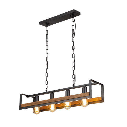 Black metal wood cuboid island chandelier with 4xe27 main image