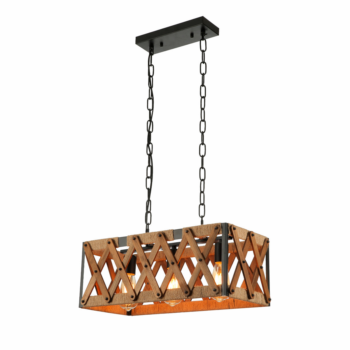Wood black metal cuboid island chandelier with 3xe27 main