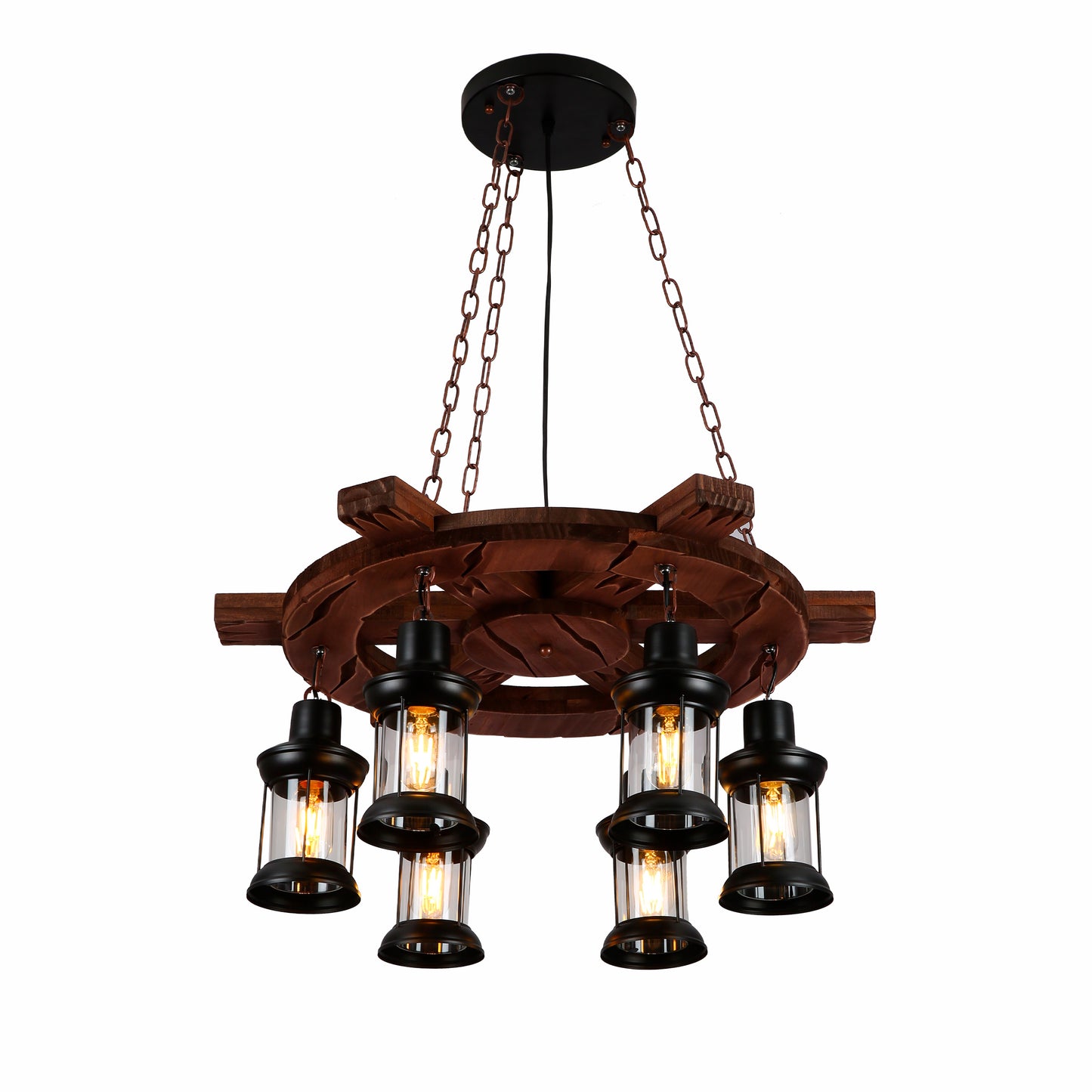 Main image of Wood Nautical Marine Lamp Wheel Rustic Chandelier Ceiling Light with 6xE27 Fittings | TEKLED 158-17669