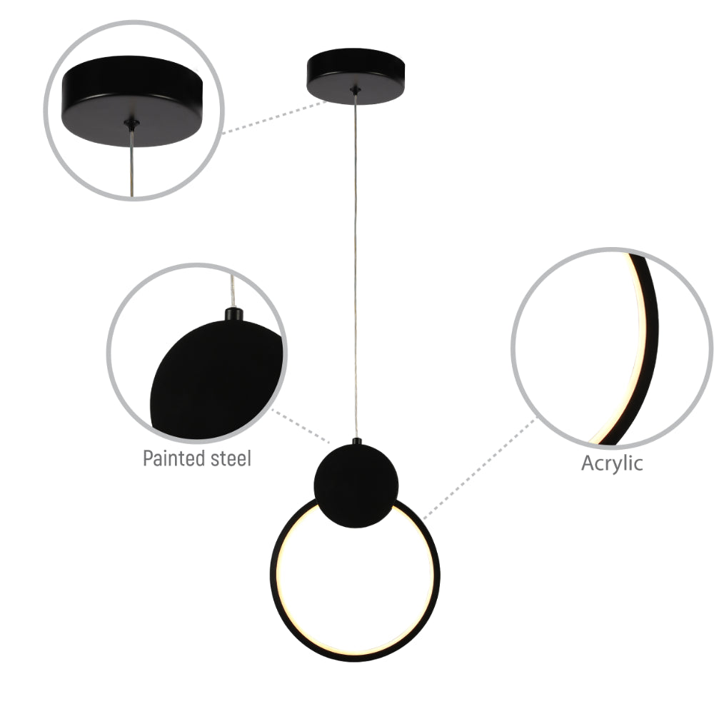 Mavey Modern Nordic Bedside LED Pendant Light Ring Black CCT Changeble D200 13W