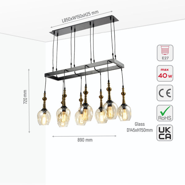 Size and specs of Amber Cone Glass Black Metal Island Chandelier with 8xE27 Fitting | TEKLED 158-19582