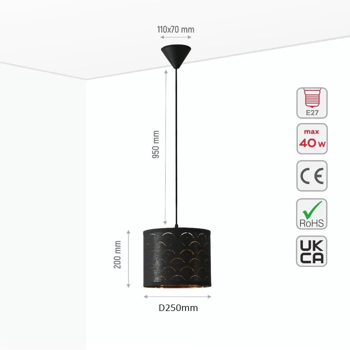 Size and specs of Black Gold Shade Scandinavian Modern Pendant Ceiling Light Small with E27 Fitting | TEKLED 158-19590