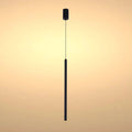 Sleek, modern pendant light in black. Suspended from a single cord, it emits a warm, inviting glow.