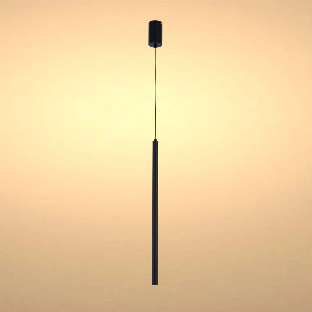 Sleek, modern pendant light in black. Suspended from a single cord, it emits a warm, inviting glow.