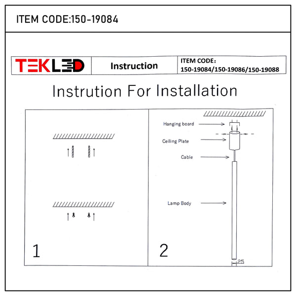 TEKLED lighting install guide diagram. Features the hanging board, ceiling plate, cable and lamp body.