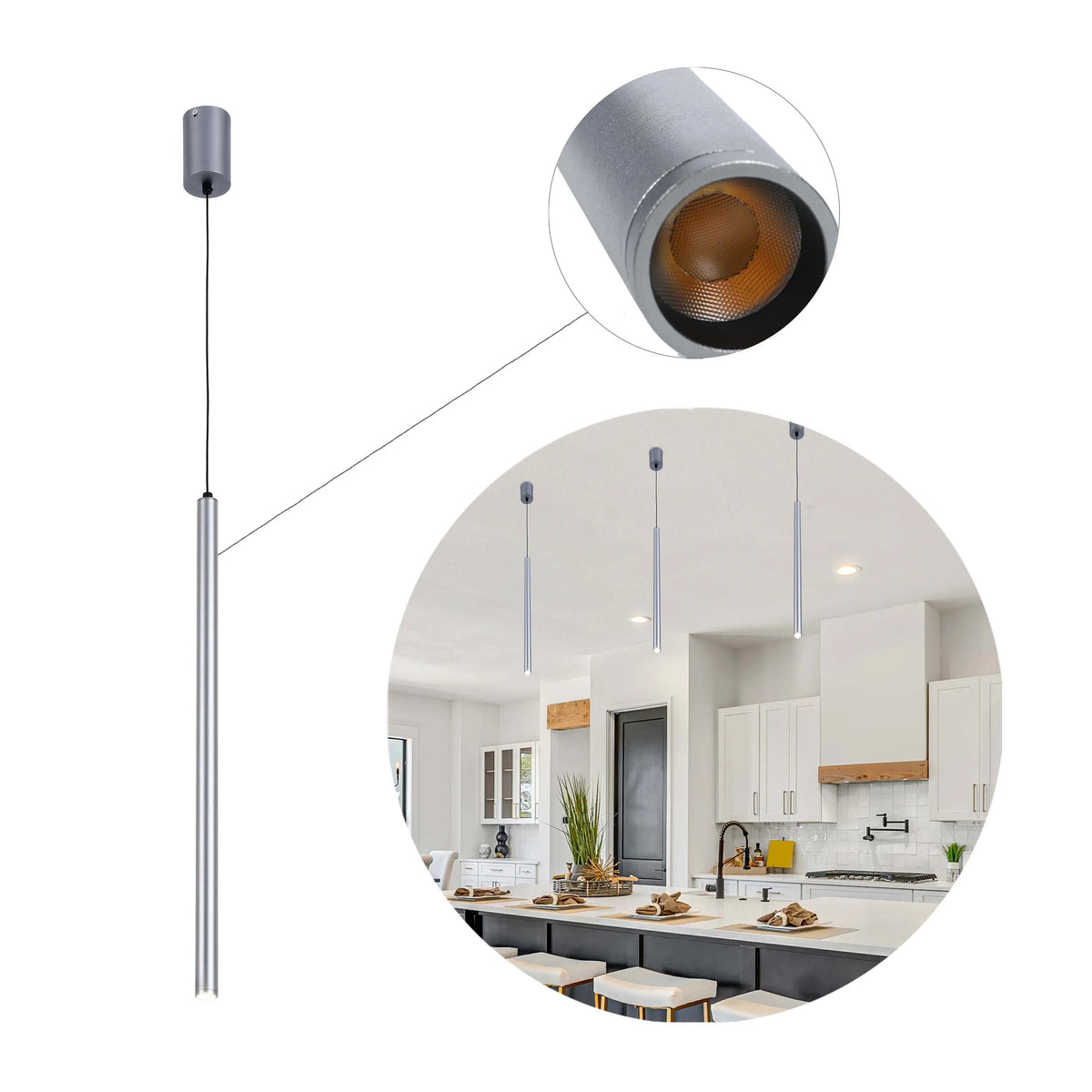 Stylish silver pendant lights illuminate a modern kitchen. Close-up shows a detailed view of the light's textured interior.