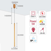 Sleek, modern pendant light dimensions & specs: 1400mm drop, 5W power, 4000K colour temperature, and 370 lumen output.