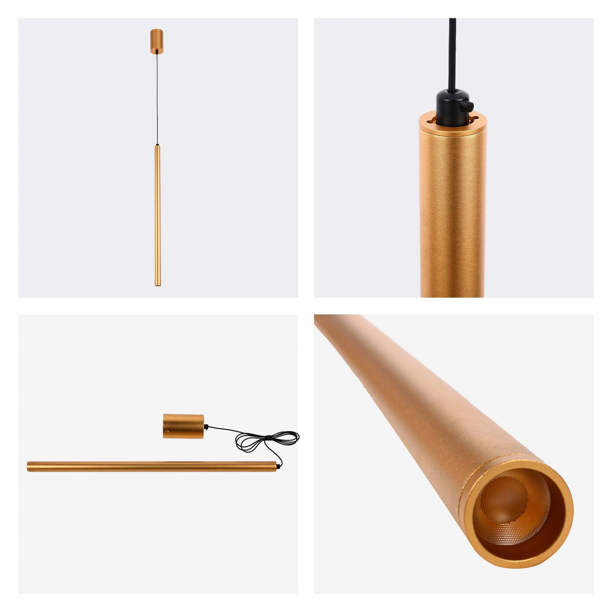Gold-toned LED tube pendant light, suspended on a black cable. Minimalist design with bright, efficient illumination.