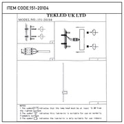 Technical drawing of a TEKLED UK LTD light fitting, model no. 151-20104, showing installation and safety information.