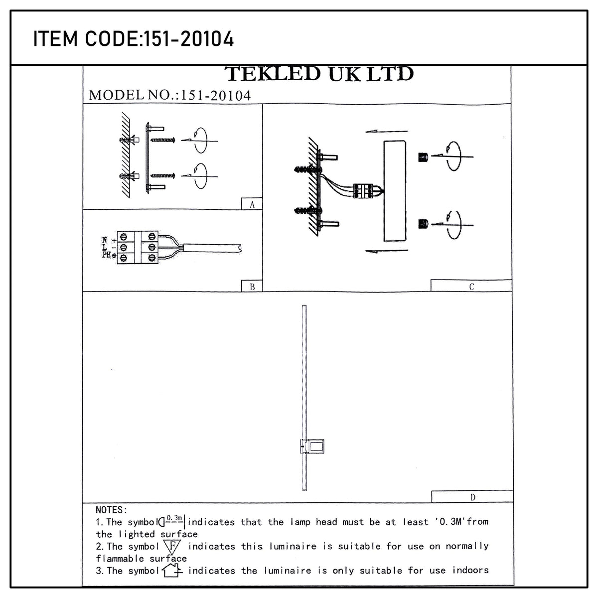 Technical drawing of a TEKLED UK LTD light fitting, model no. 151-20104, showing installation and safety information.