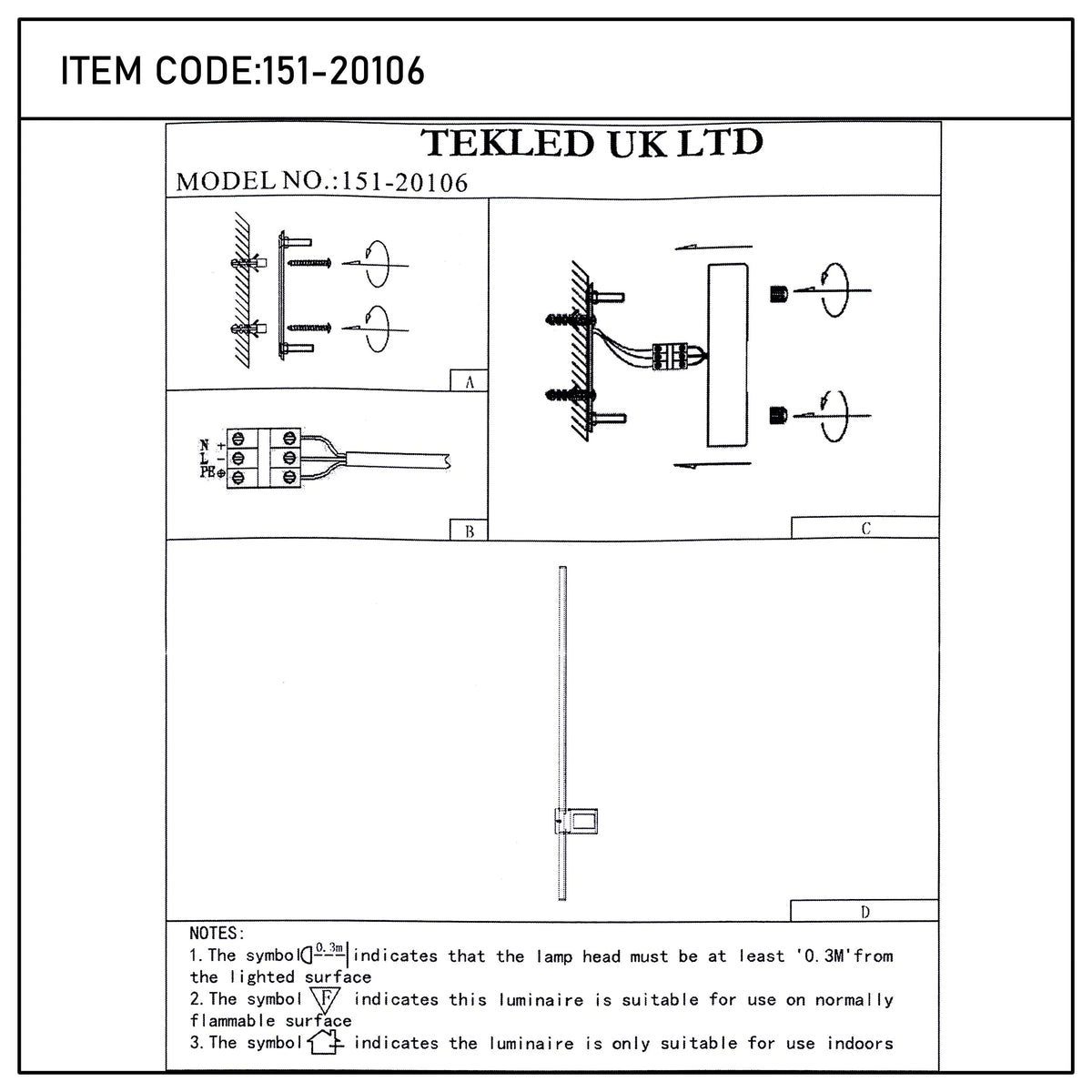 TEKLED UK LTD lighting model 151-20106 diagrams and installation instructions.