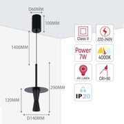 Modern pendant light, showcasing its dimensions and specifications, including 7W power, 4000K colour temp, and 450 lumens output.