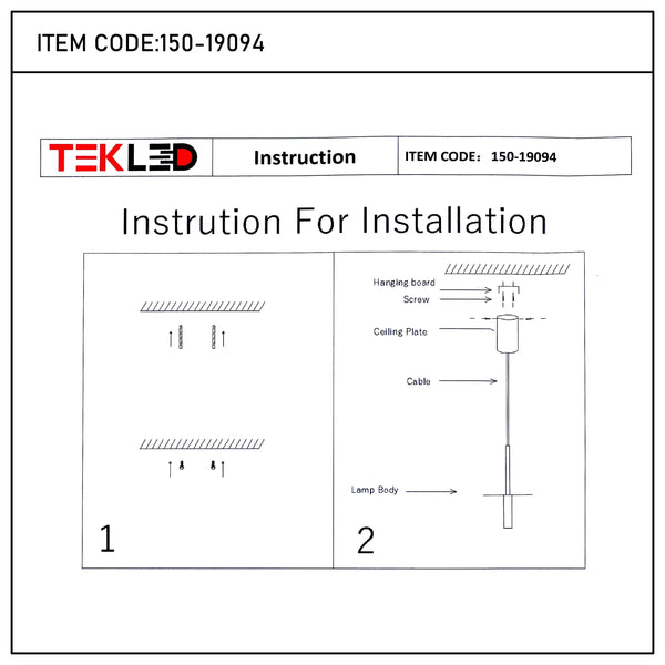 Assembly diagrams for a pendant light fitting.  Shows the fixing to the ceiling and components of the light.