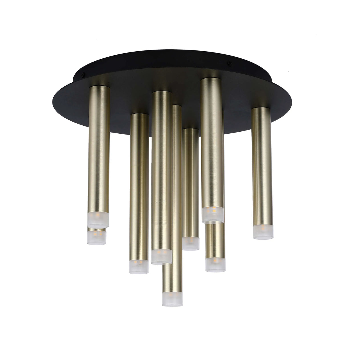 A statement flush mount ceiling light with gold tubes, featuring subtle frosted shades at the ends of each tube.