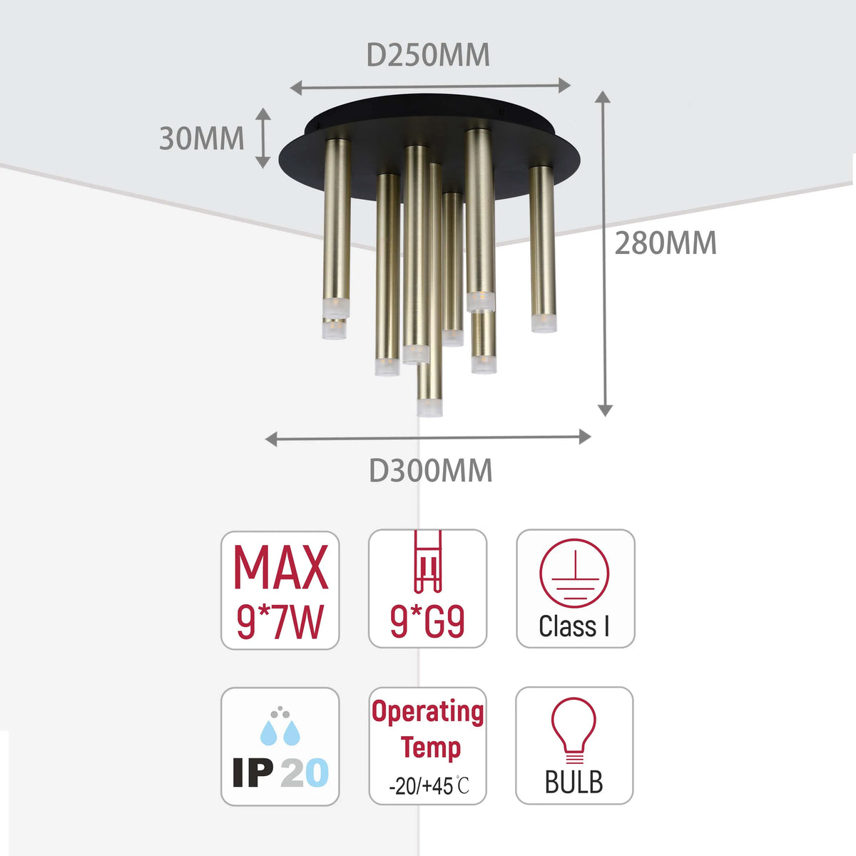 A nine-light chandelier with gold cylindrical lamps, dimensions are 250mm diameter, 280mm height, and 30mm depth.