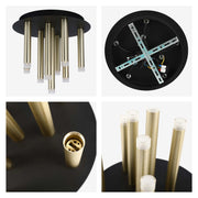 A modern, multi-light ceiling light fixture with gold, cylindrical shades and a black base plate, offering ambient lighting.