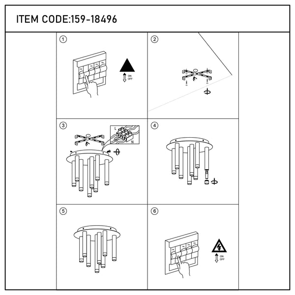 A contemporary light fixture with multiple cylindrical diffusers. A six step assembly guide is shown.