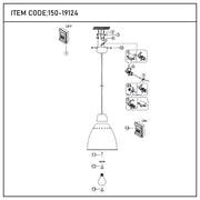 An exploded diagram of a pendant light fitting. It shows how to wire the light to the mains and how to assemble the light.