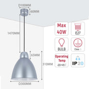 Silver pendant lighting with dimensions listed. Max 40W, E27 bulb fitting, Class I and IP20 rated.