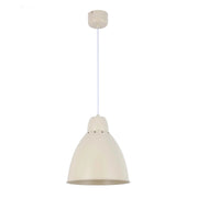 A cream-coloured pendant light, featuring a dome-shaped shade, hanging from a simple, white cord and ceiling rose.
