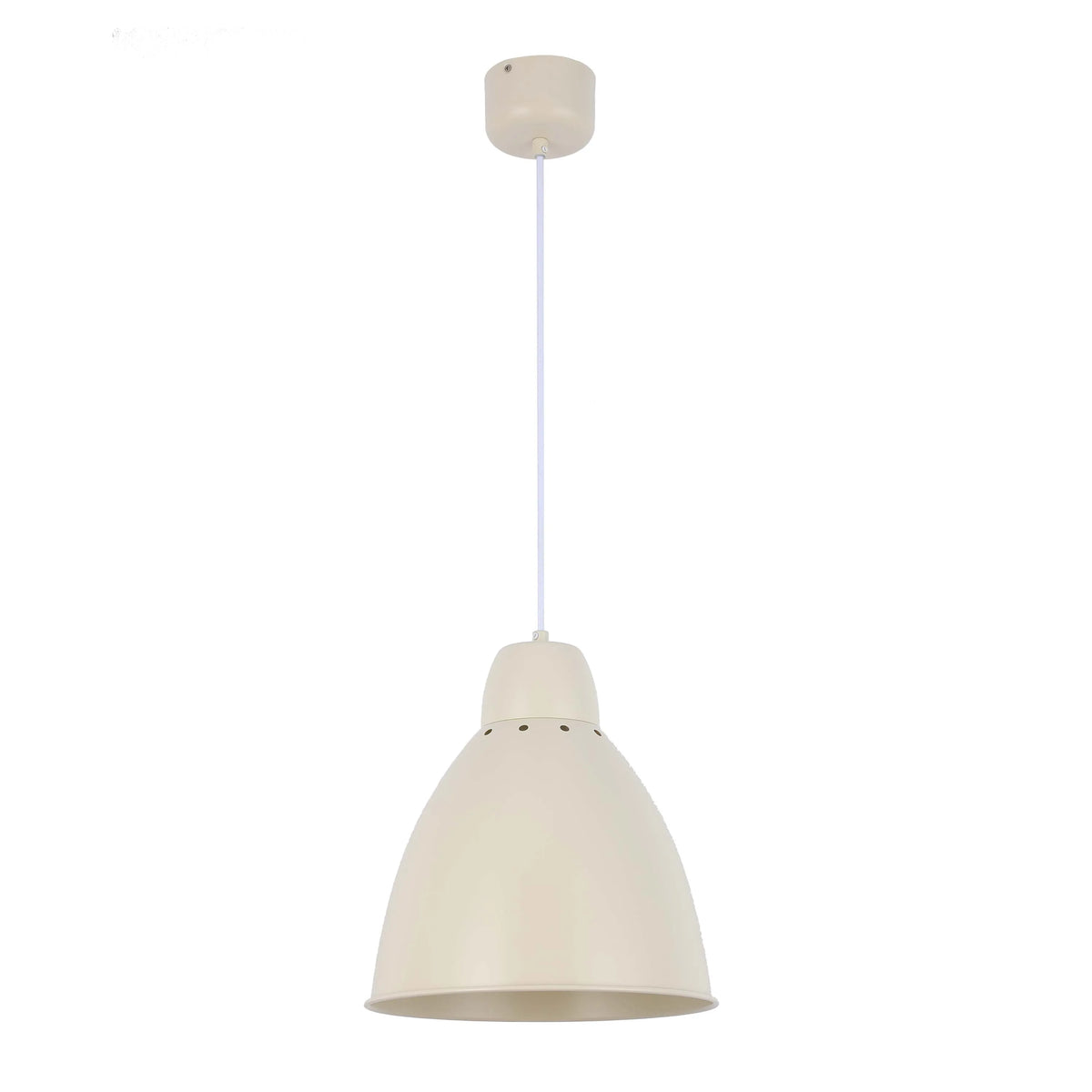 A cream-coloured pendant light, featuring a dome-shaped shade, hanging from a simple, white cord and ceiling rose.