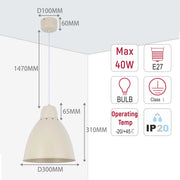 Hanging pendant light with white shade. Includes dimensions and specifications. Max 40W bulb, E27 fitting, IP20 rated.