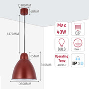 A copper coloured pendant light with adjustable black cable, showing dimensions and IP20 rating.