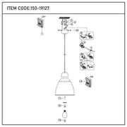 Technical drawing of a pendant light showing how to install, including the bulb, wiring to the mains, and switch positions.