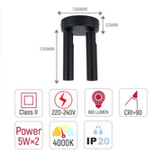 Black, modern downlight with cylindrical spotlights. Dimensions included. Power: 5W x 2, 4000K, 680 lumen, CRI>90, IP20 rating.