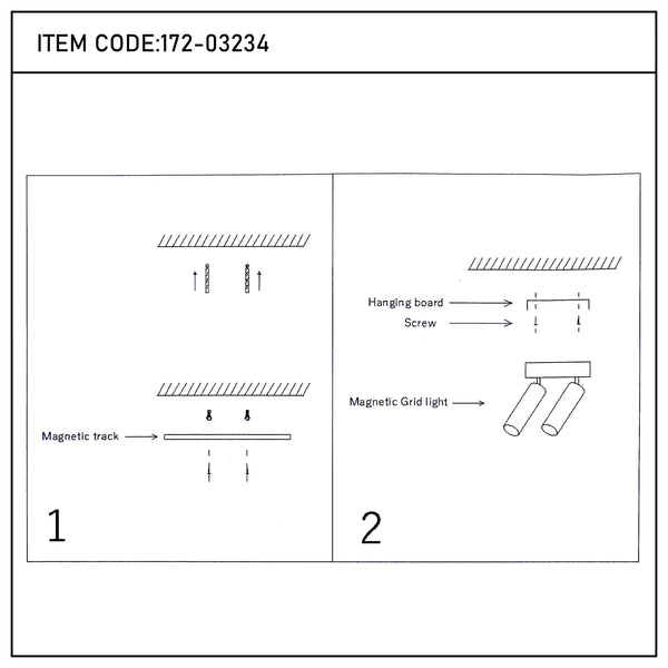 Diagrams showing magnetic grid lights fixed to ceiling using tracks and screws. Item code: 172-03234