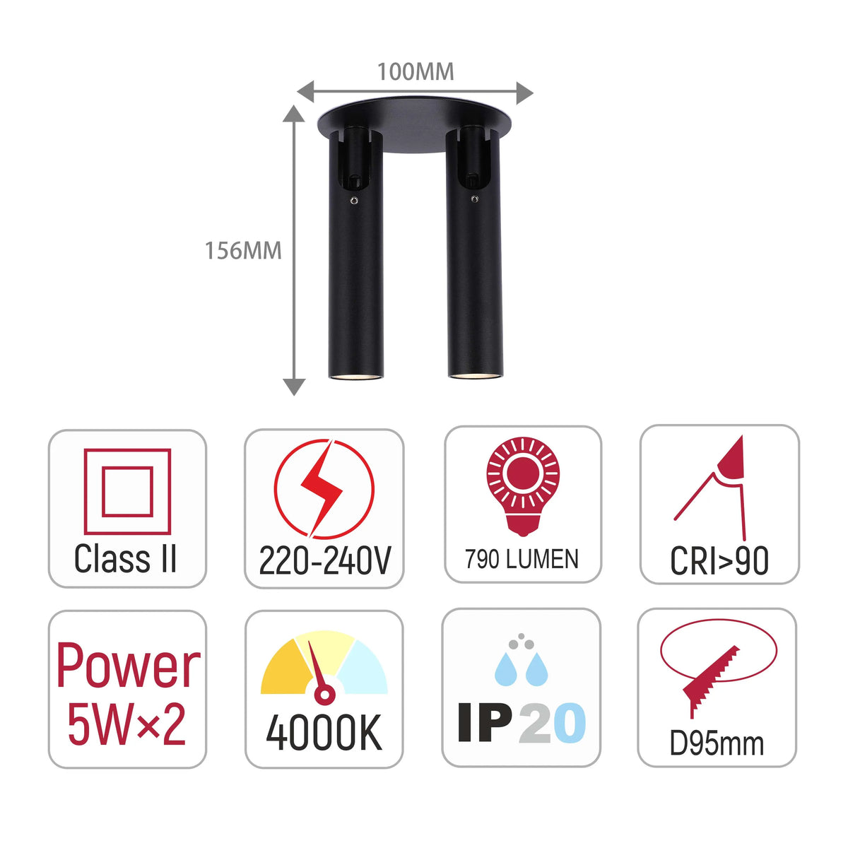 A double-headed black ceiling spotlight. Specs include 100mm width, 156mm height, and 790 lumen output.