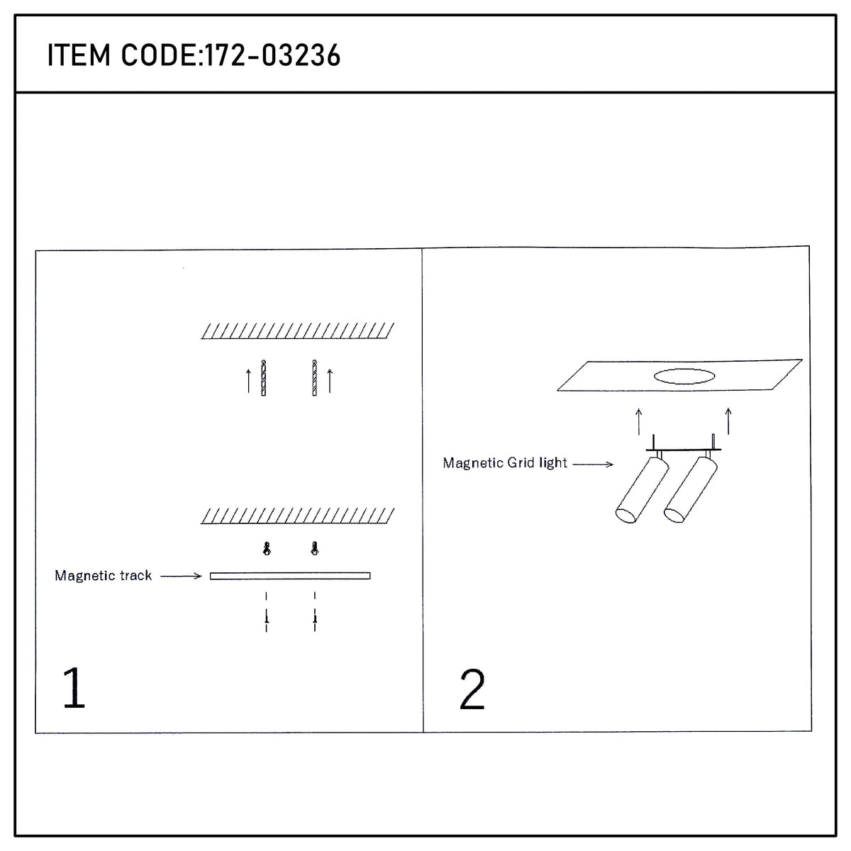 A magnetic track lighting system featuring a magnetic track and magnetic grid light, with instructions to mount to the ceiling.