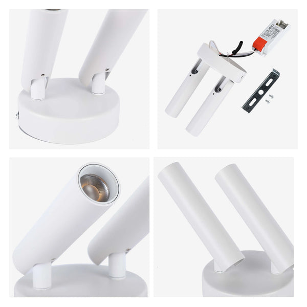 A modern, white double spotlight featuring adjustable cylindrical heads and a minimalist design. Ideal for directional lighting in any room.