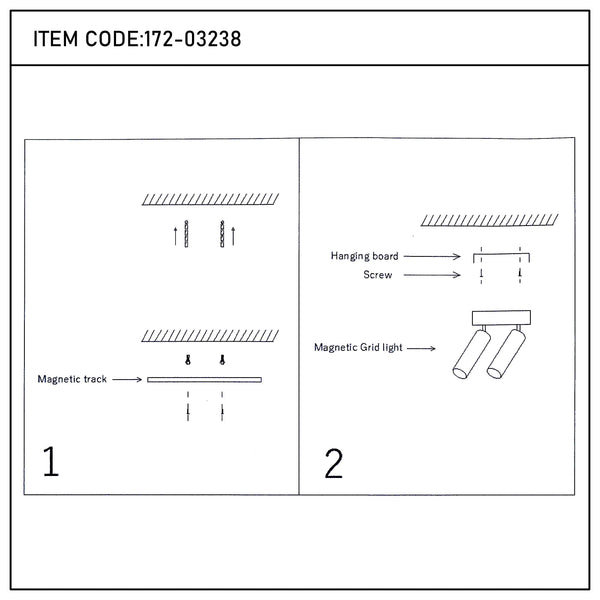 Diagram illustrating magnetic track lighting and magnetic grid lighting fixture installation methods.