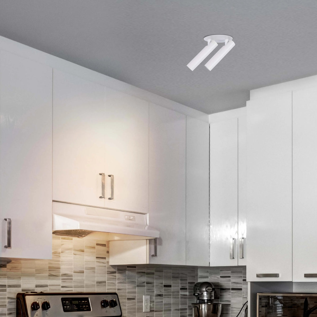 A dual spotlight fitting provides task lighting in this modern kitchen. The adjustable heads offer flexible illumination.