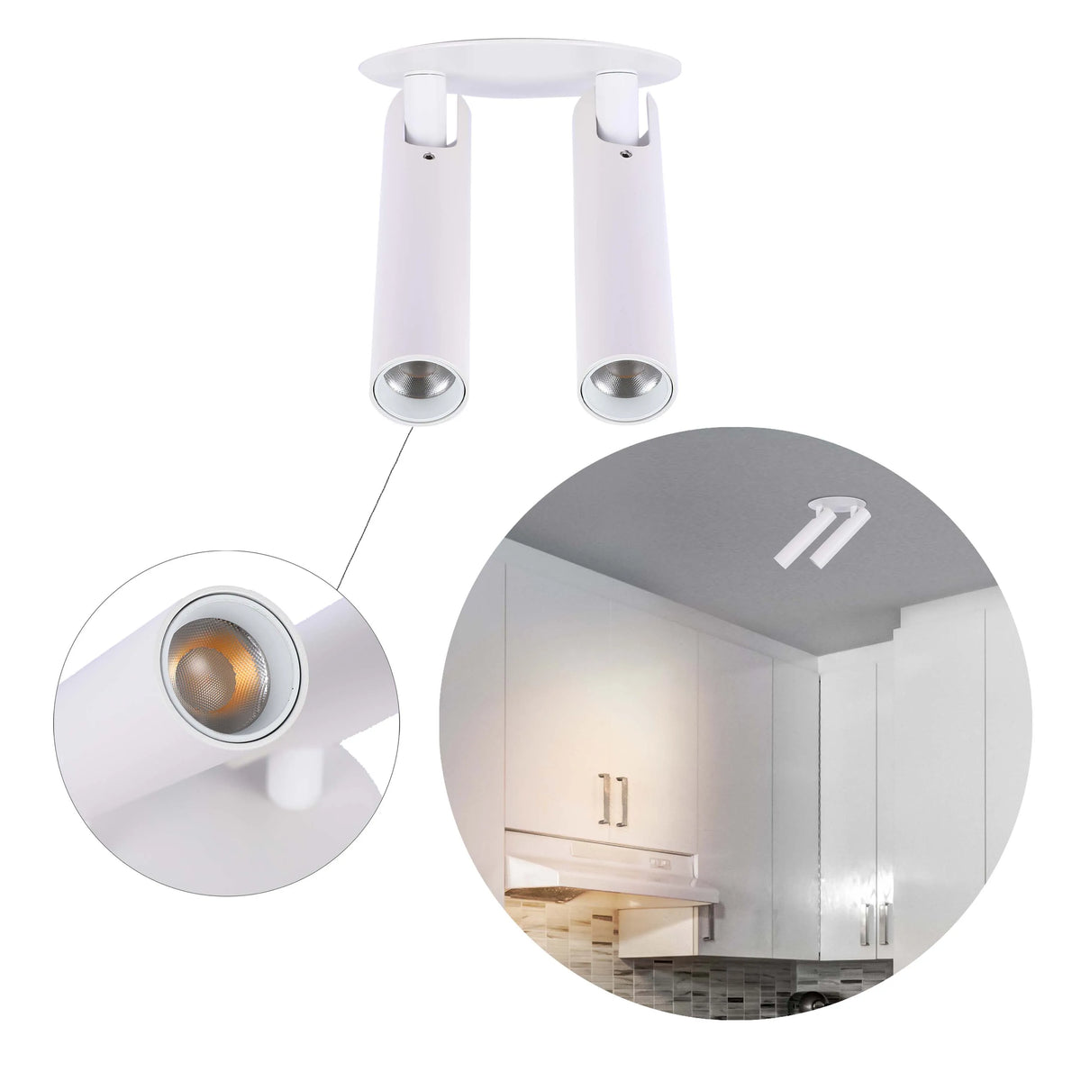A modern, white dual-bulb ceiling spotlight fixture, suitable for task or accent lighting in a kitchen.