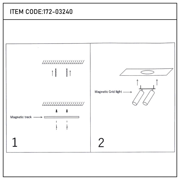 Magnetic track and grid lights illustrated, showing how they are installed on a ceiling.