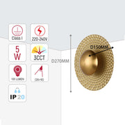A gold coloured wall light, with measurements and technical information. Suitable for indoor use.