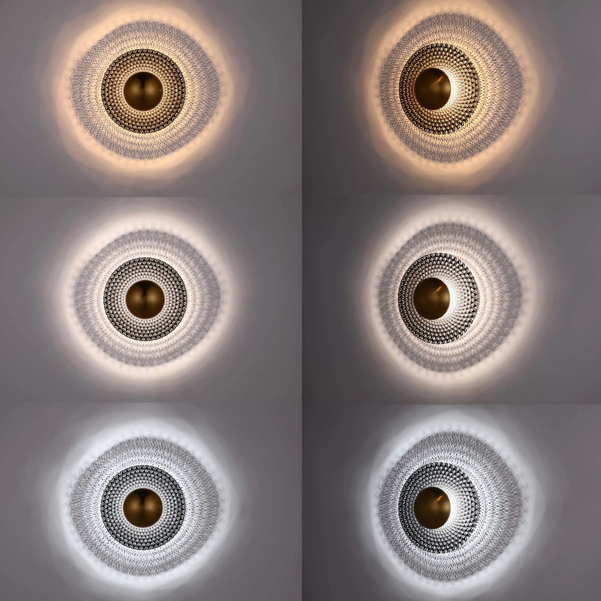 Six variations of the same wall light, showing a unique light pattern created by the fixture in different colour temperatures.