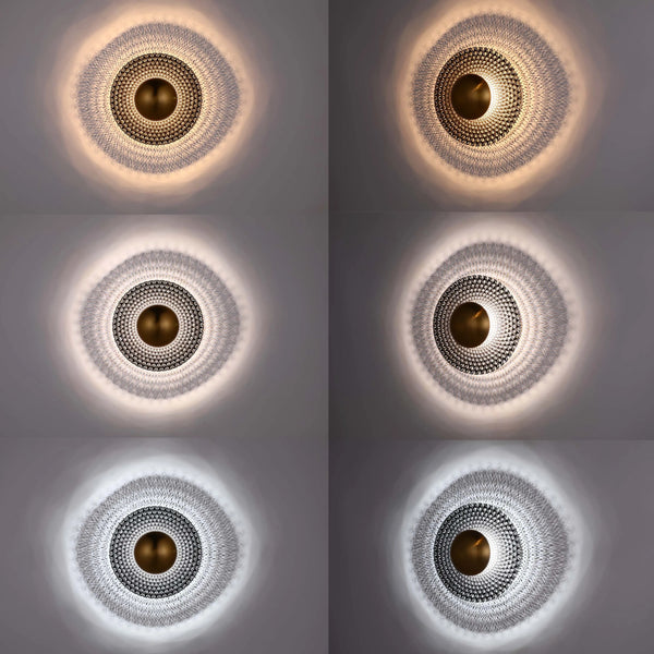Six variations of the same wall light, showing a unique light pattern created by the fixture in different colour temperatures.