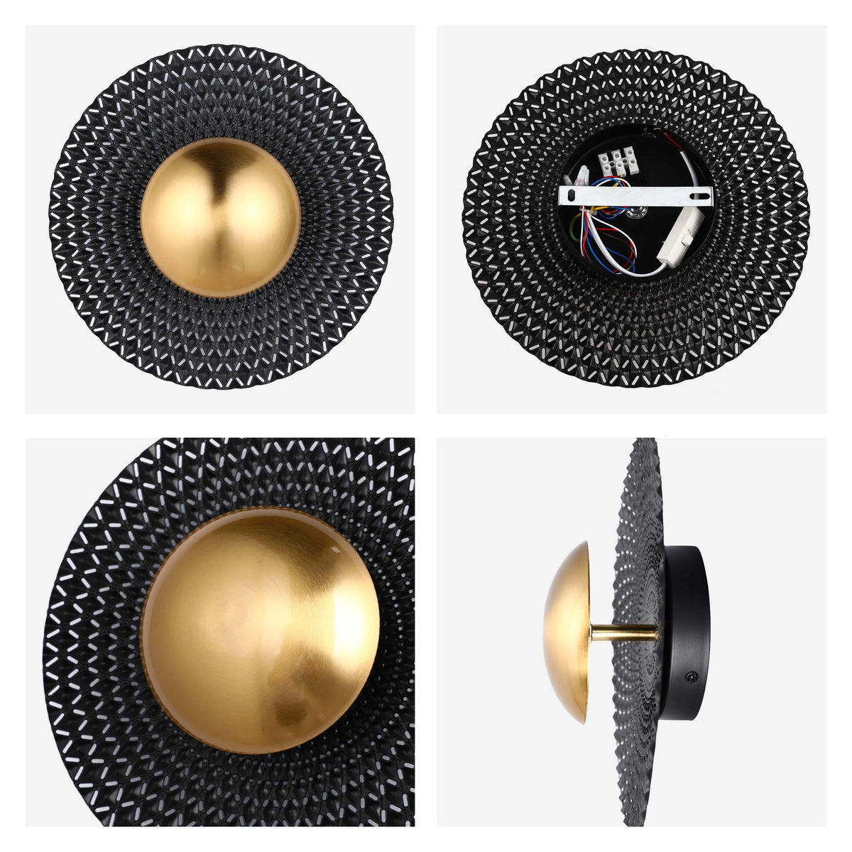 A decorative wall light with a gold globe centre, set against a black, geometric patterned shade.