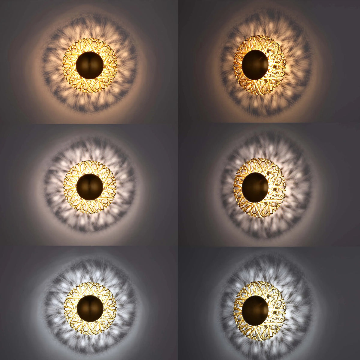 A modern wall light casts intricate shadows, showcasing a range of warm and cool tones, ideal for ambient illumination.